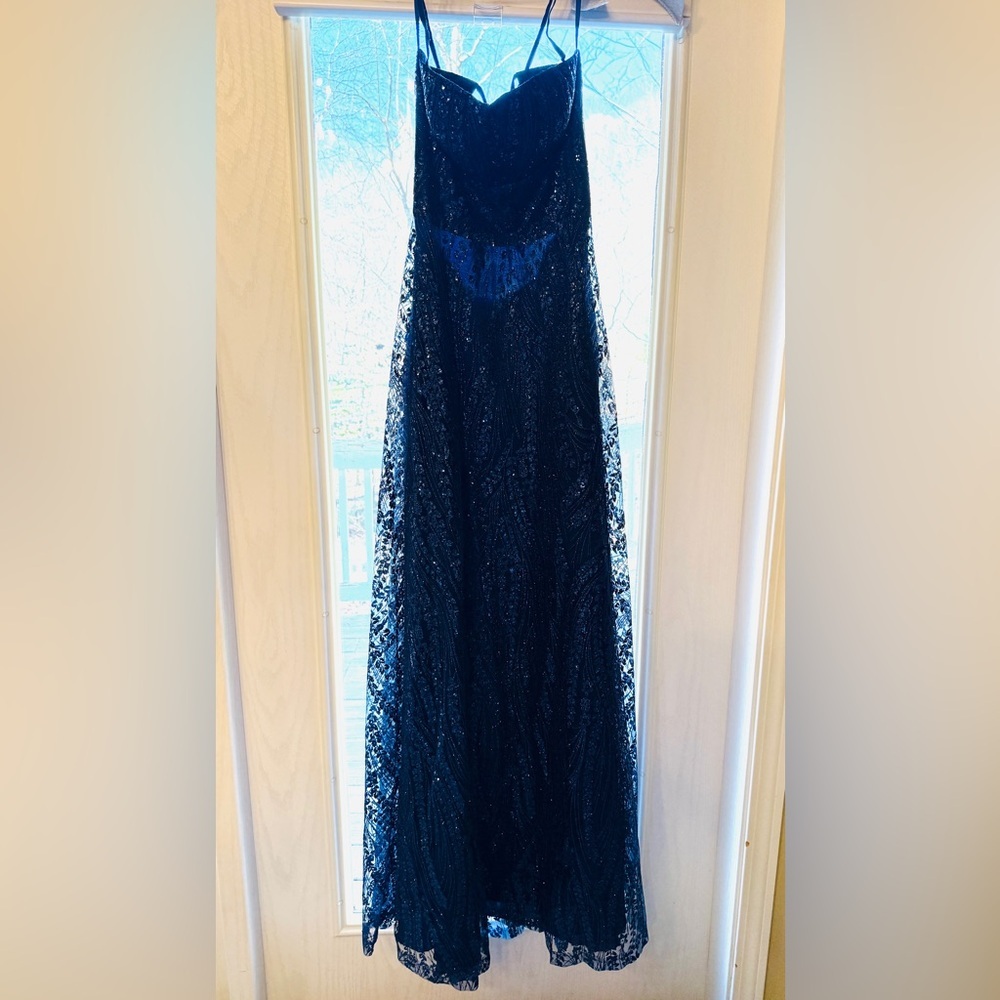 Navy Blue Sparkle glitter Sequin Prom Dance long Gown